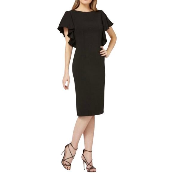 Carmen Marc Valvo Dress Flutter Sleeve Sheath Pencil Neutral Business Cocktail 6 - Picture 1 of 9